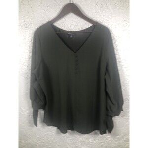 Fortune & Ivy Woman Olive Blouse Sz XL causual professional V neck Coquette